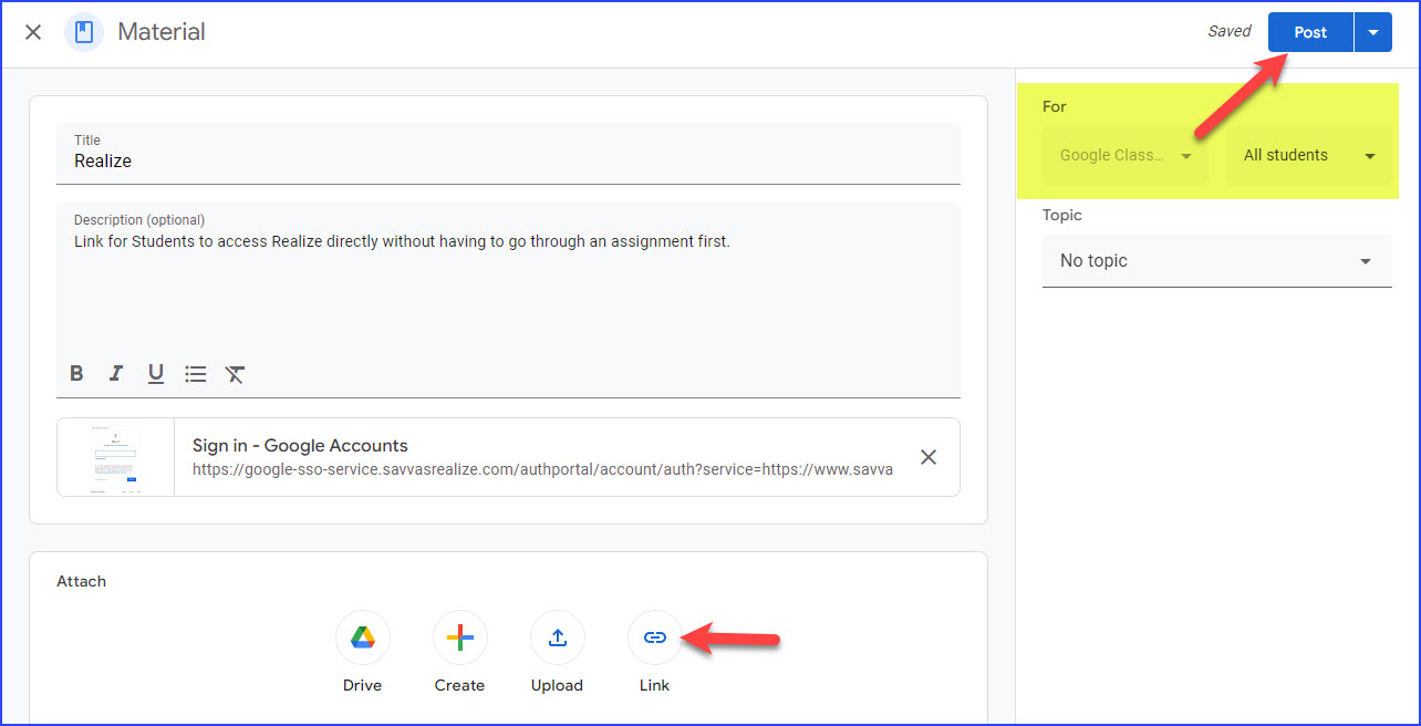 How to access Realize directly from Google Classroom (Material link)