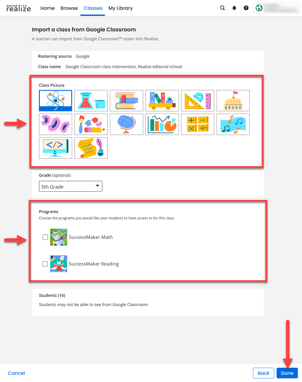 Imported Google Class Setup for SuccessMaker Programs in Realize