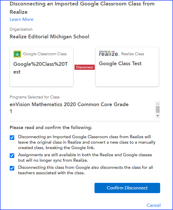 Realize: How to Disconnect Linked or Imported Classes from Google