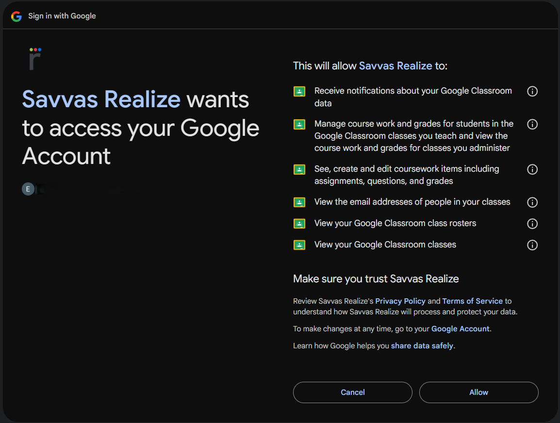 Savvas Realize: Student account using a Google Classroom class receives ...