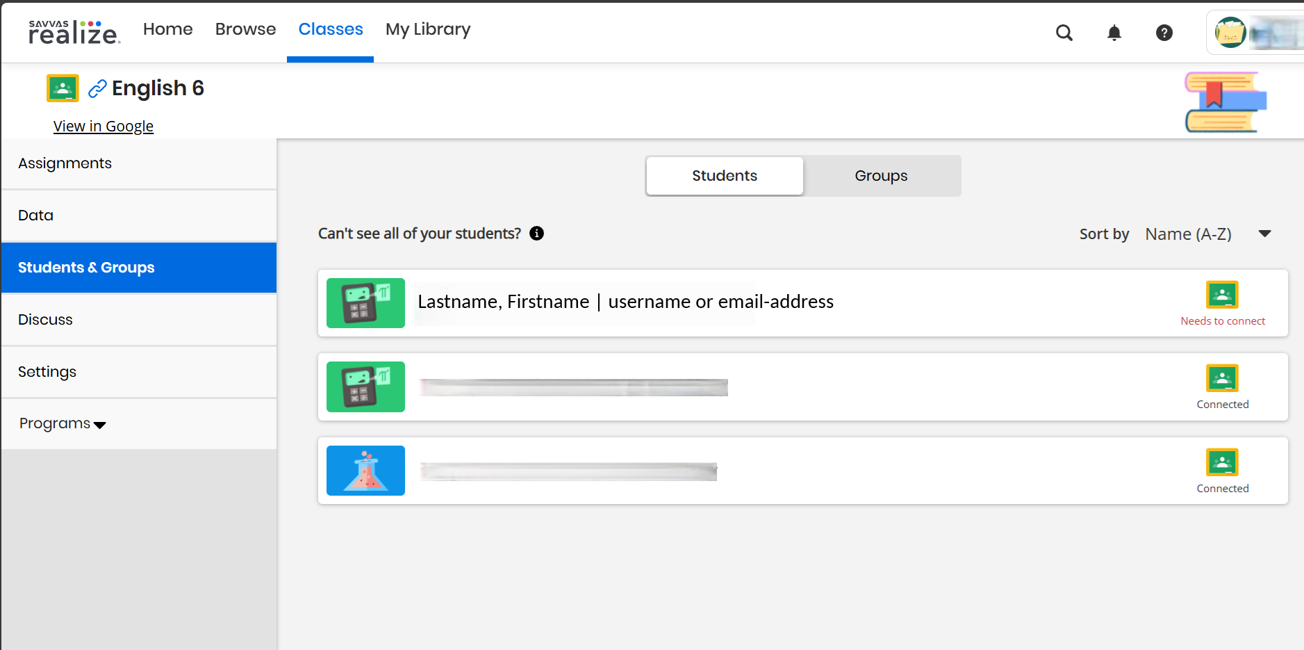 Savvas Realize: Student account using a Google Classroom class receives ...
