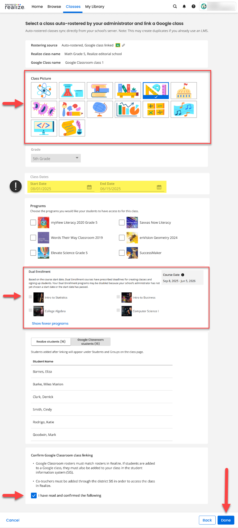 Linked Google Class Setup for Outlier Programs in Realize