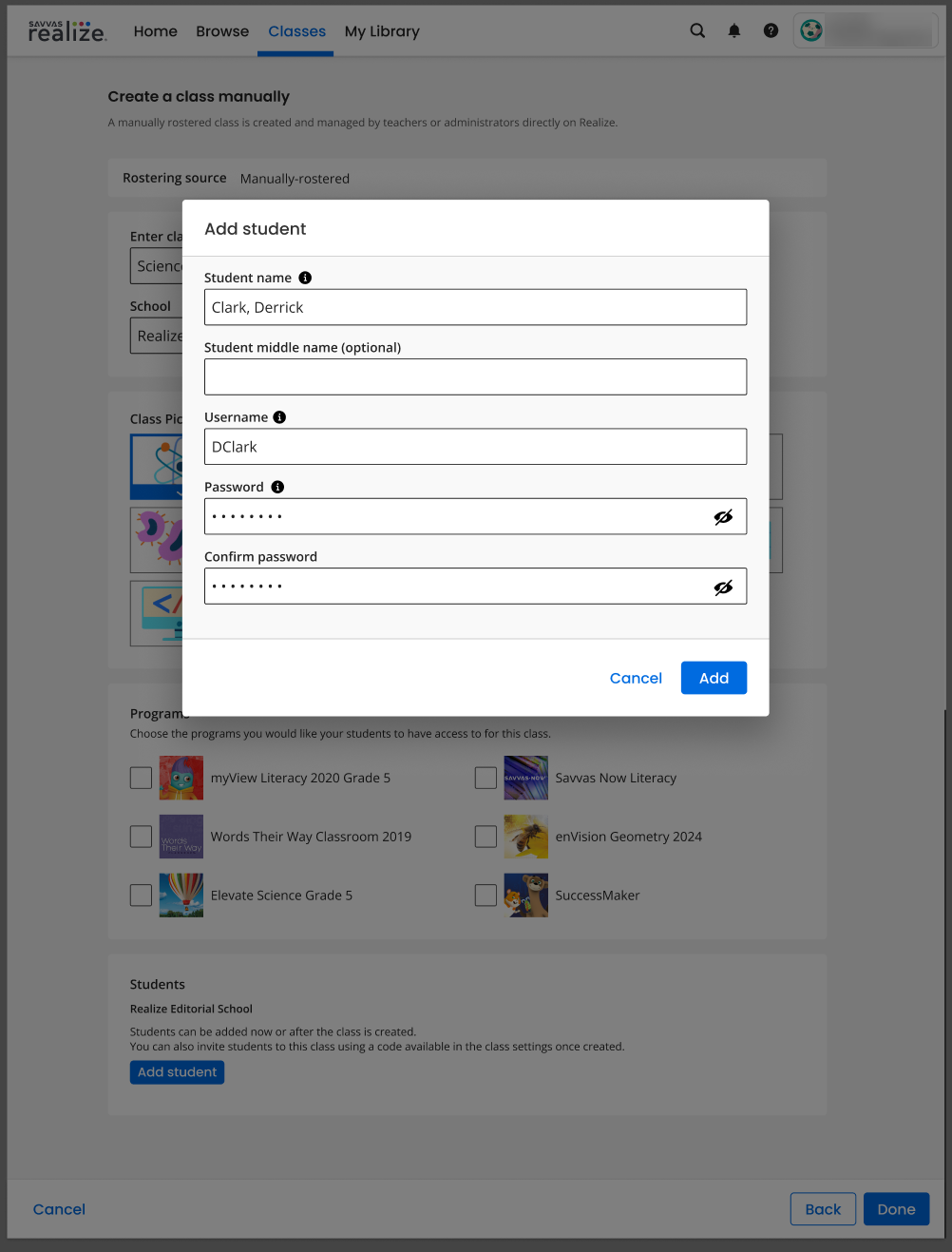 Manually Create Class Setup for SavvasCTE Programs in Realize